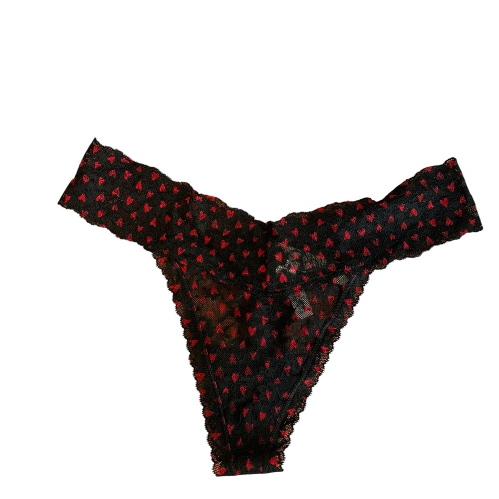 Victoria’s Secret Black Lace Heart Print Thong Panty Red Hearts NWT size L
